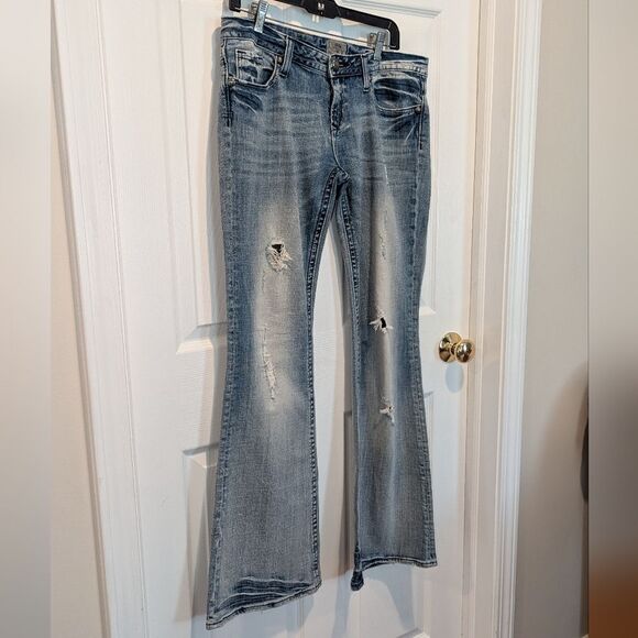 Vintage Rerock For Express Women's Size 8 y2k Blue Distressed Flare Jeans - Picture 2 of 6